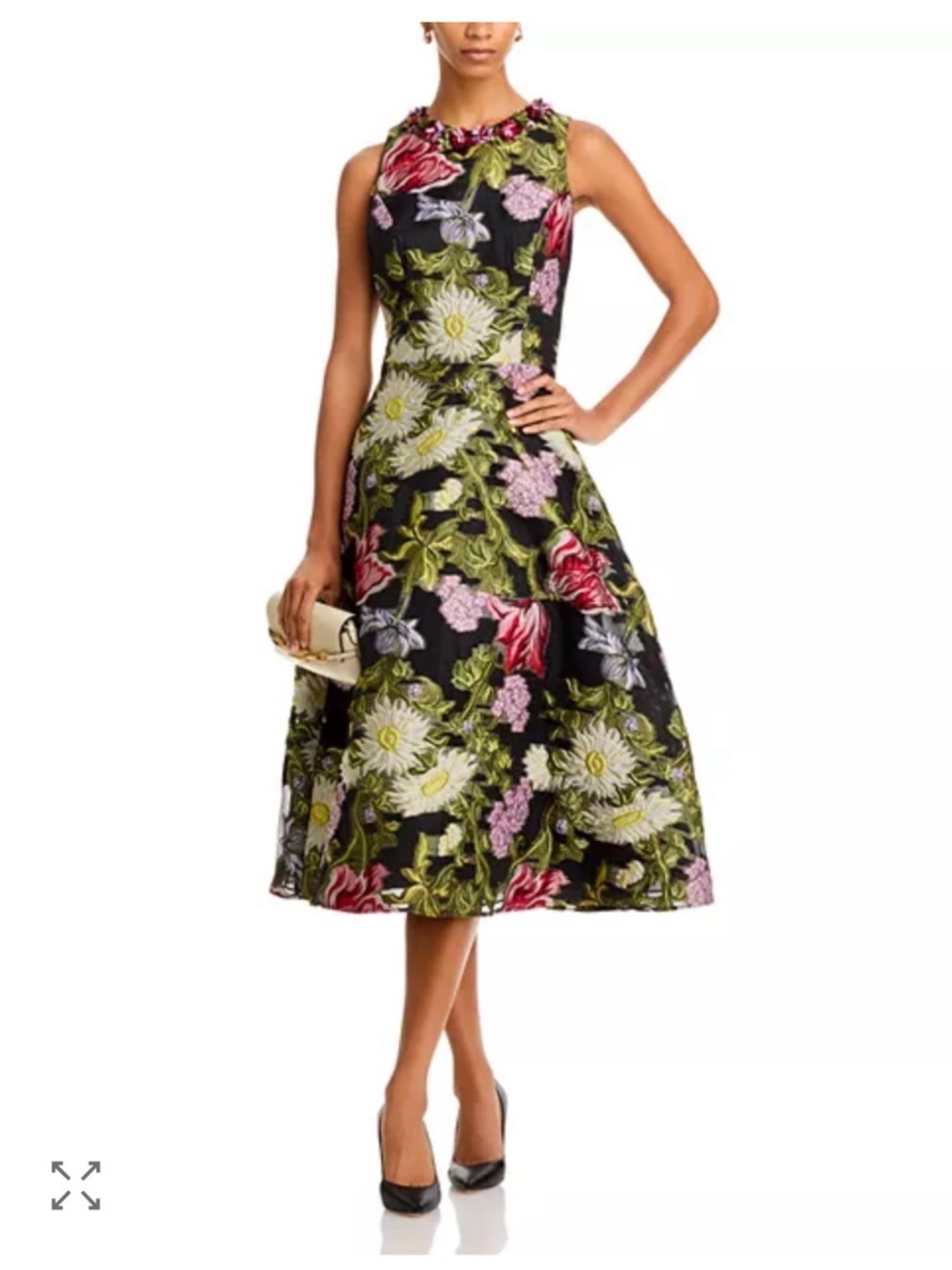 Teri Jon Floral Jacquard A-Line Dress in Black, Red, Green